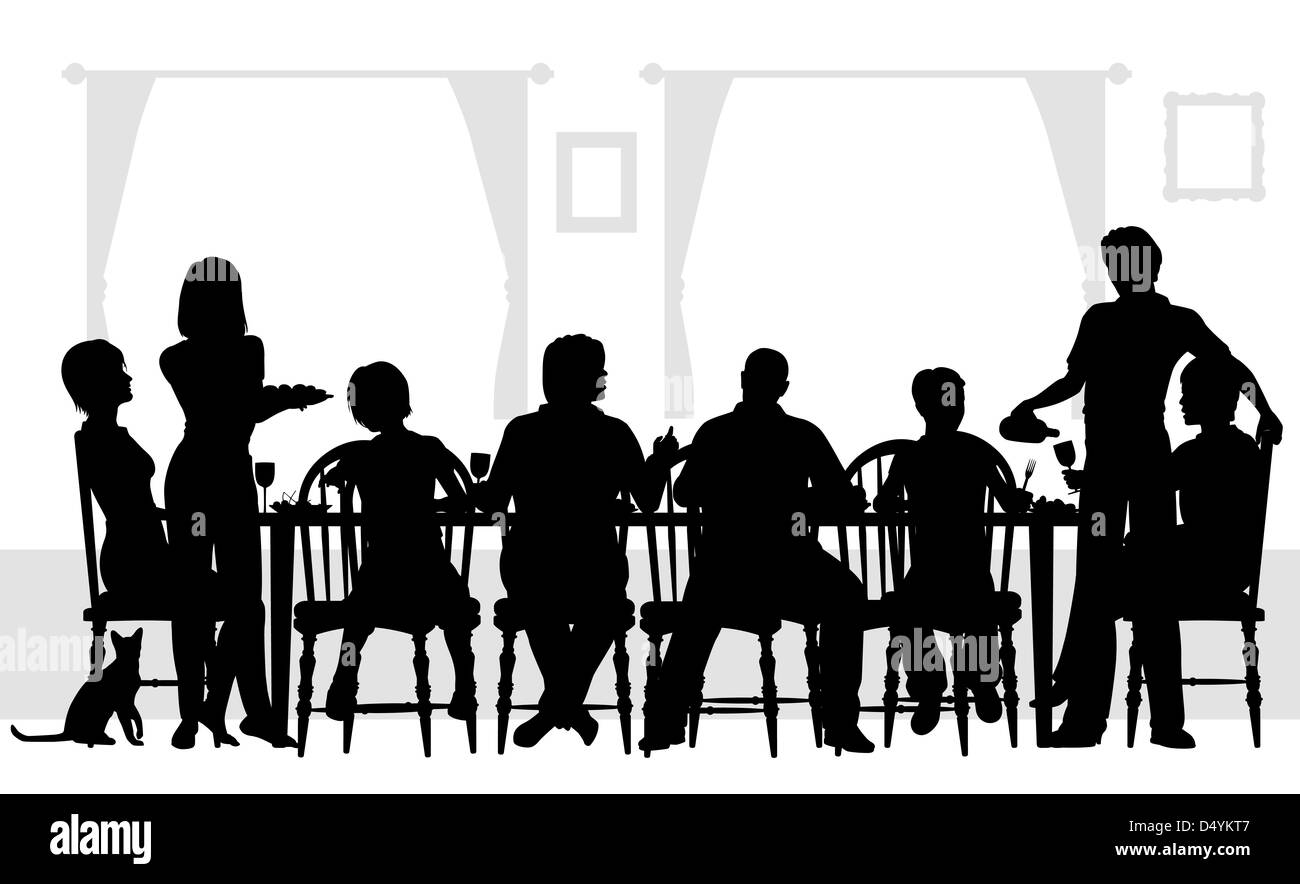 Illustrated silhouettes of a family dining together Stock Photo