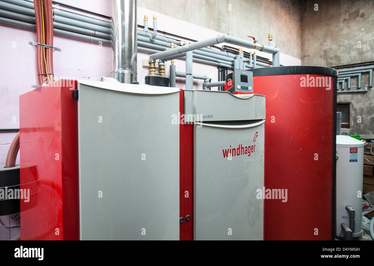 A Windhager biomass boiler that is fuelled by wood pellets Stock Photo -  Alamy