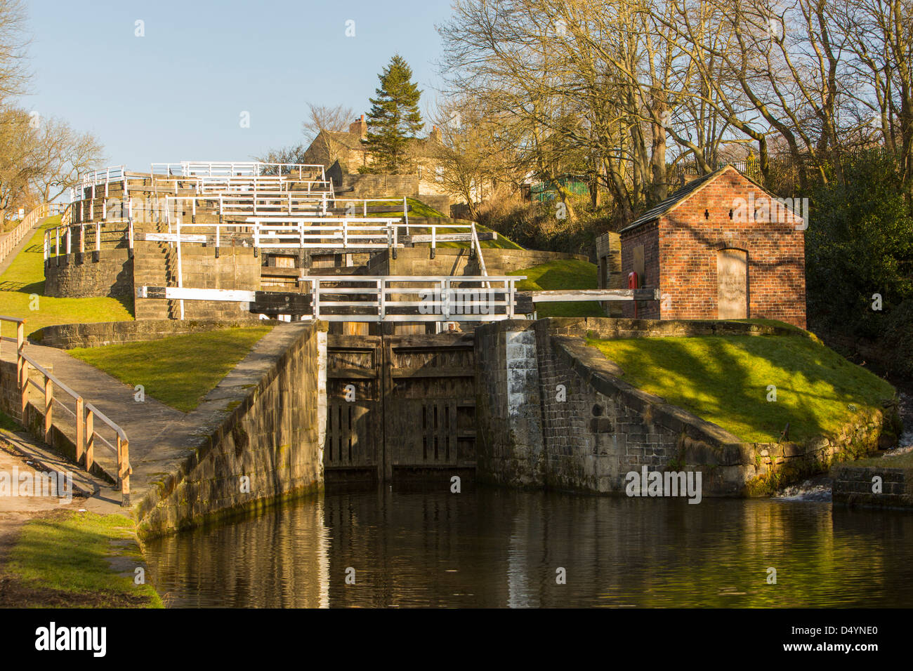 The 5 rise locks on the Leeds Liverpool Canal at Bingley, the steepest
