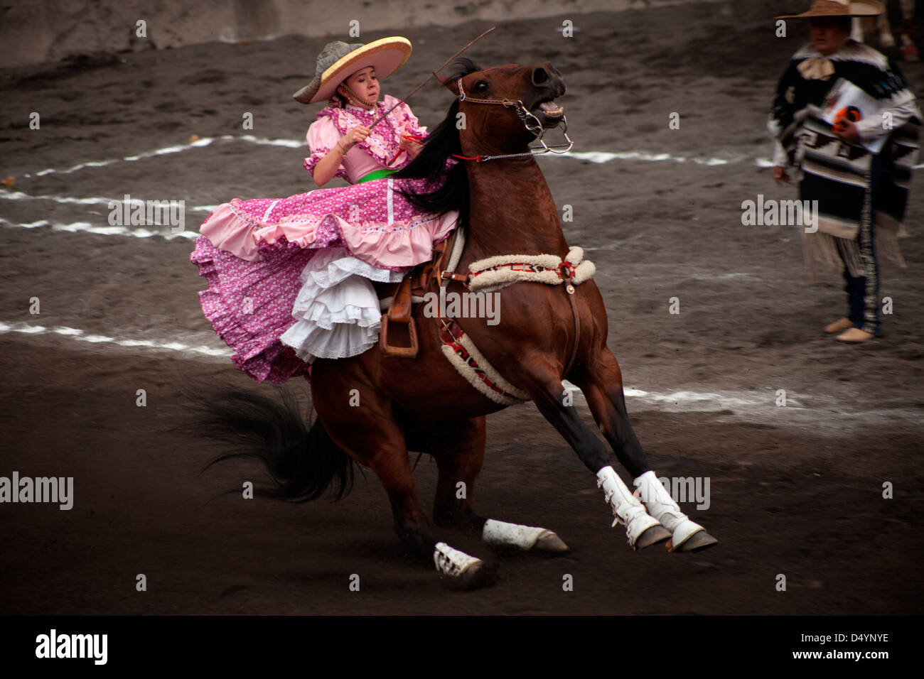 A female rider or amazona rides her horse in a escaramuza fair in ...