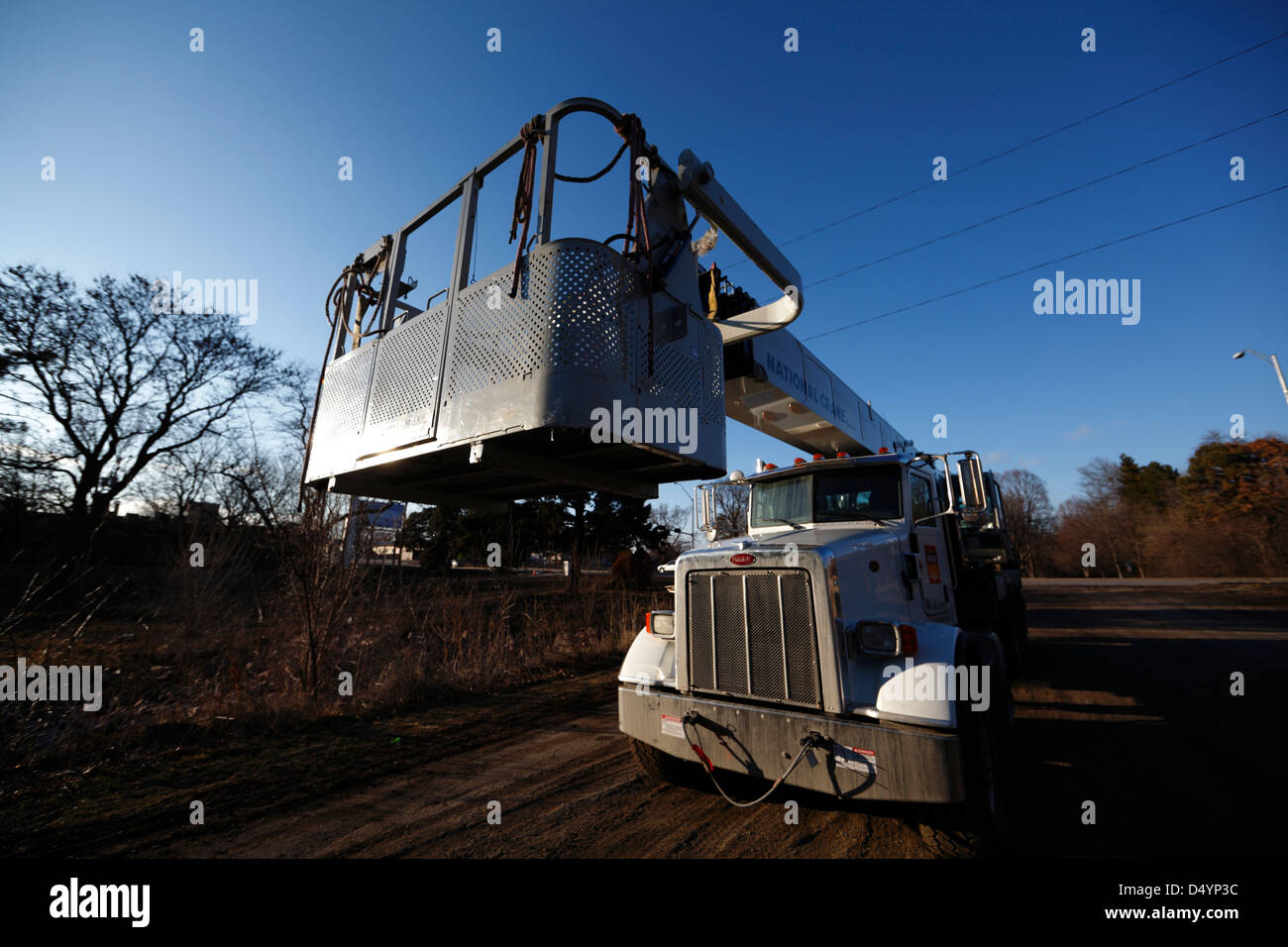 Bucket of a truck-mounted crane on Peterbilt truck. Stock Photo