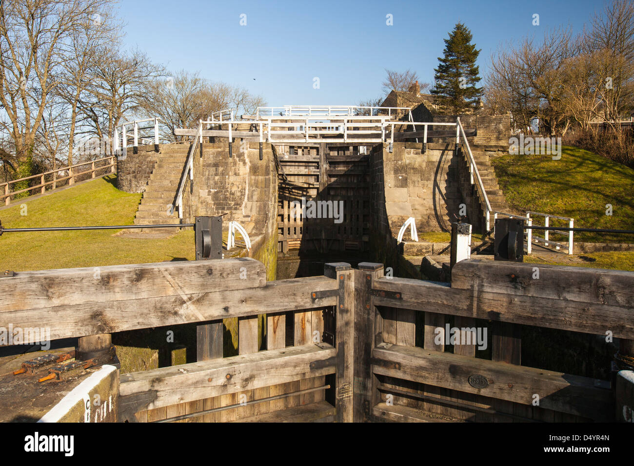 The 5 rise locks on the Leeds Liverpool Canal at Bingley, the steepest
