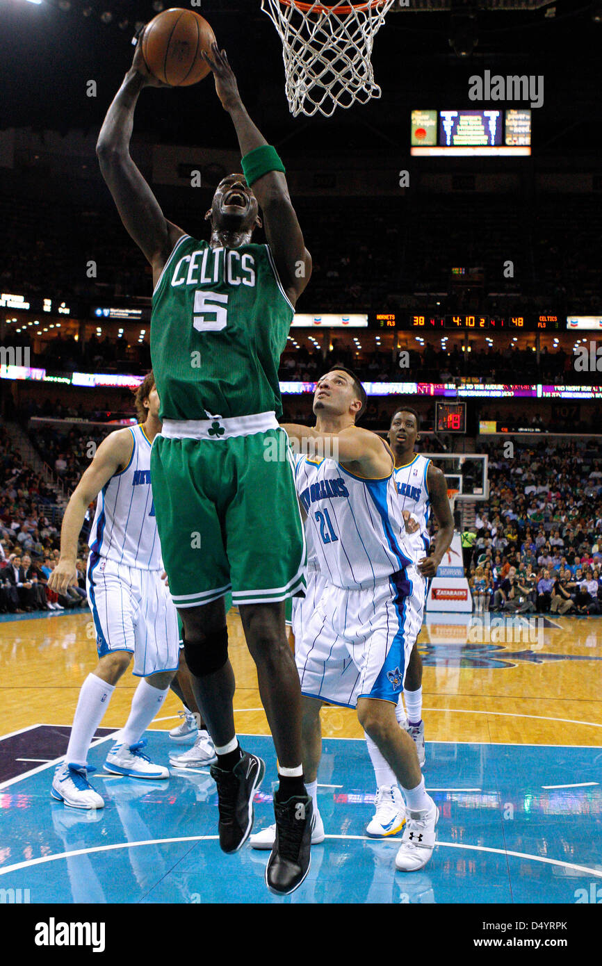 March 20, 2013 - New Orleans, Louisiana, United States of America - March 20, 2013: Boston Celtics center Kevin Garnett (5) scores during the NBA basketball game between the New Orleans Hornets and the Boston Celtics at the New Orleans Arena in New Orleans, LA. Stock Photo