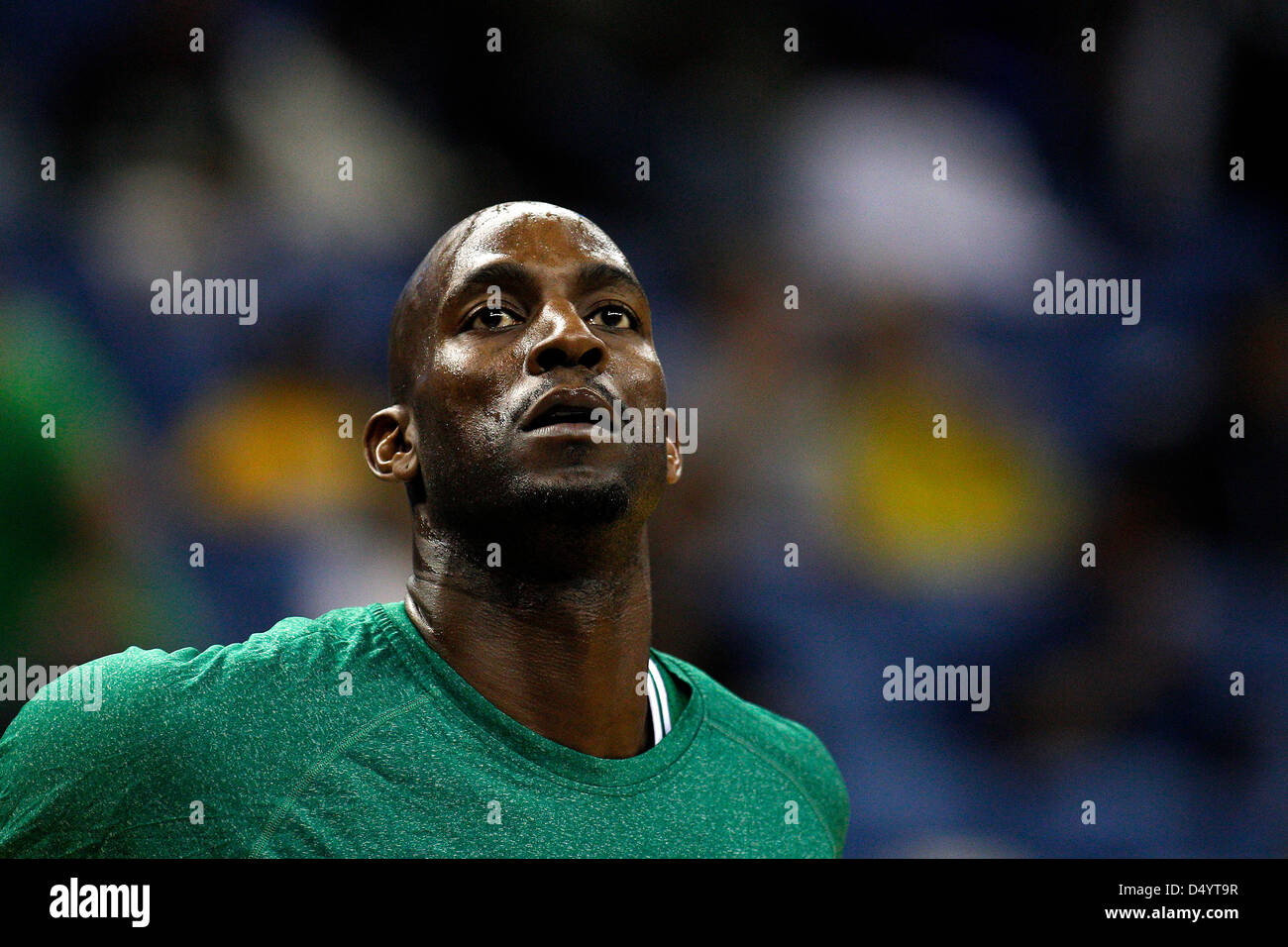 March 20, 2013 - New Orleans, Louisiana, United States of America - March 20, 2013: Boston Celtics center Kevin Garnett warms up (5) before the NBA basketball game between the New Orleans Hornets and the Boston Celtics at the New Orleans Arena in New Orleans, LA. Stock Photo