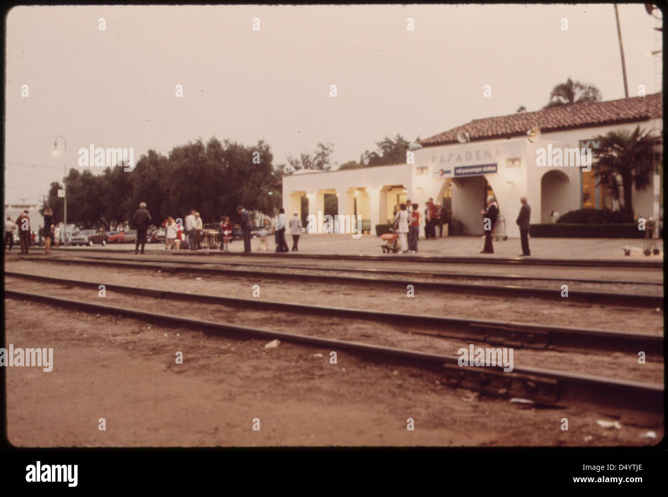 Passengers at the Pasadena, California, train station waiting for the Southwest Limited, formerly called the super chief, headed to Chicago, June 1974 Stock Photo