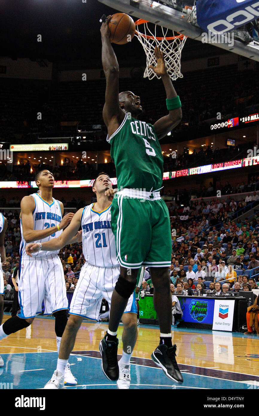 March 20, 2013 - New Orleans, Louisiana, United States of America - March 20, 2013: Boston Celtics center Kevin Garnett (5) scores during the NBA basketball game between the New Orleans Hornets and the Boston Celtics at the New Orleans Arena in New Orleans, LA. Stock Photo