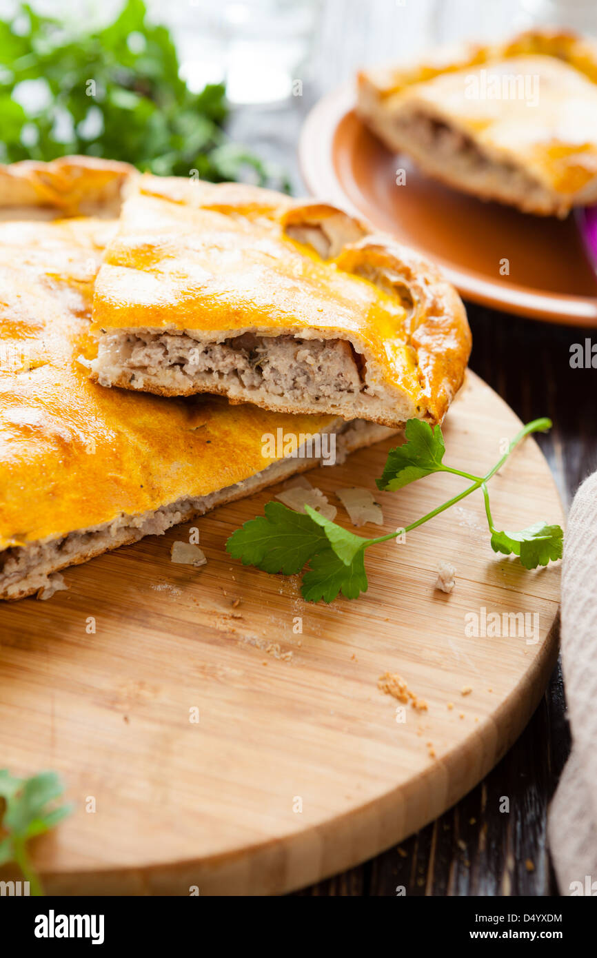 freshfaced pie with meat filling, closeup Stock Photo Alamy