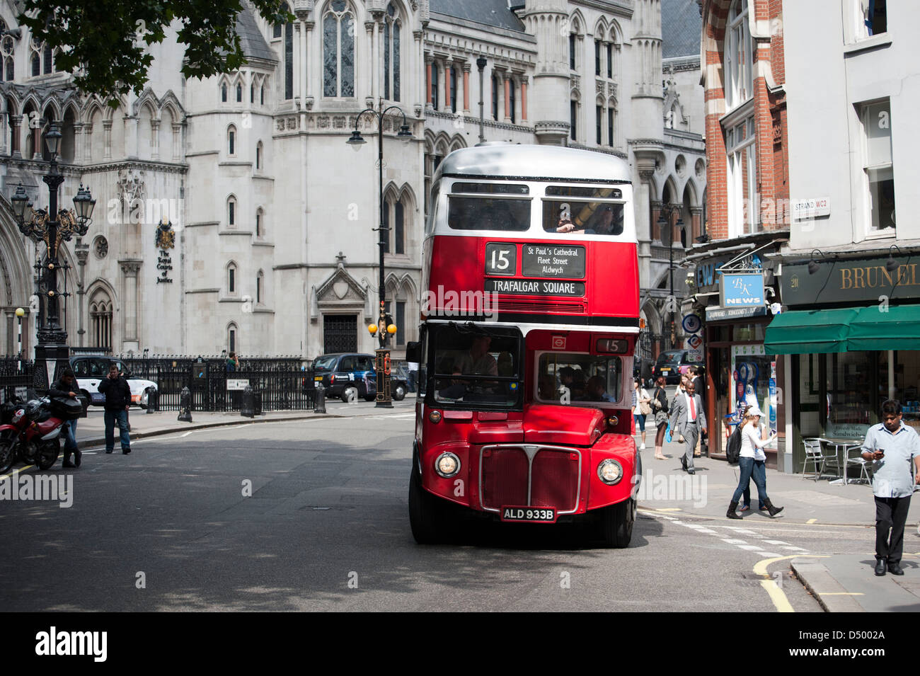 Traditional London Routemaster Bus at Aldwych, route 15, near the Royal Courts of Justice, London Stock Photo