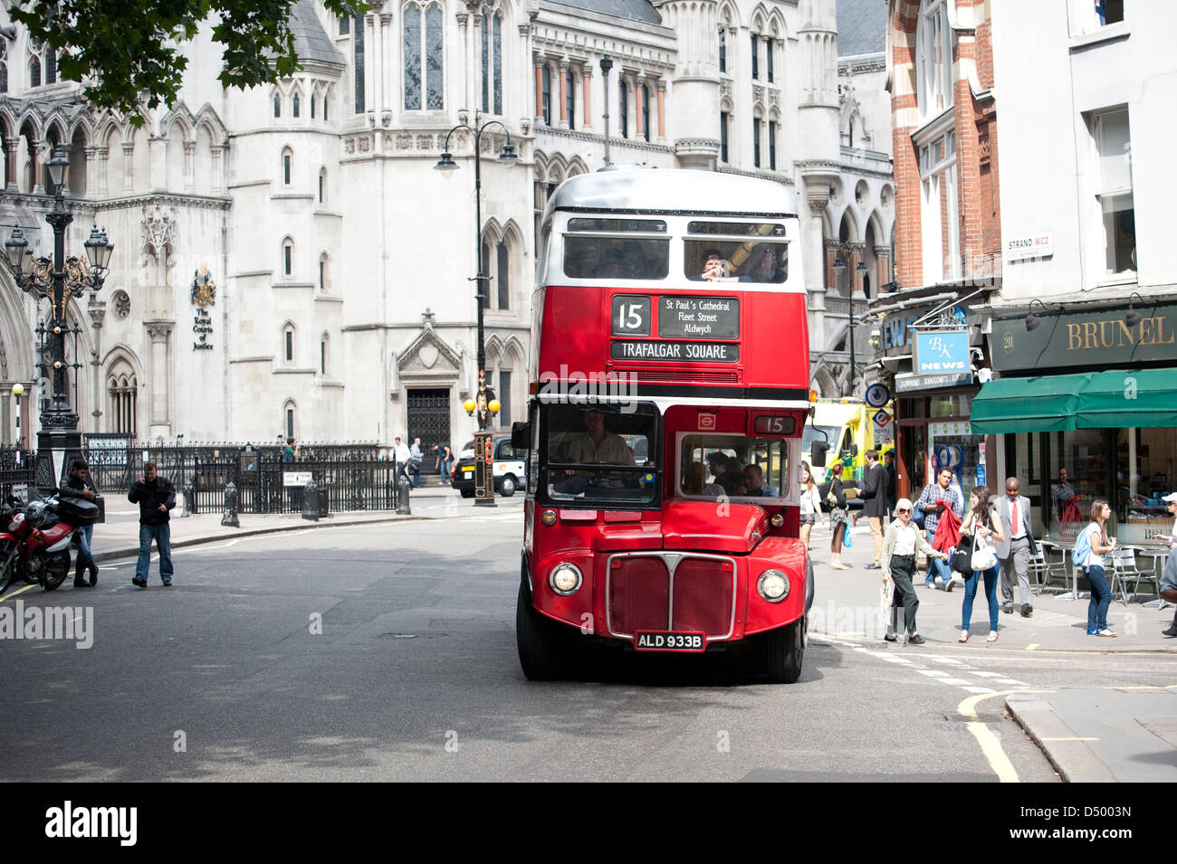 Traditional London Routemaster Bus, route 15 at Aldwych, near the Royal Courts of Justice, London Stock Photo