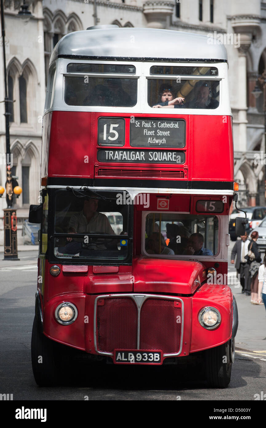 Traditional London Routemaster Bus, route 15, at Aldwych, near the Royal Courts of Justice, London Stock Photo