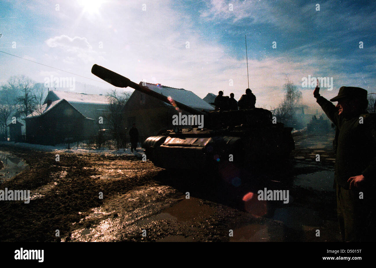 A Bosnian Serb T-54 tank passes through Modrica, Bosnia, on Friday, January 8, 1995 Photographer: Mark Milstein/ Northfoto Stock Photo