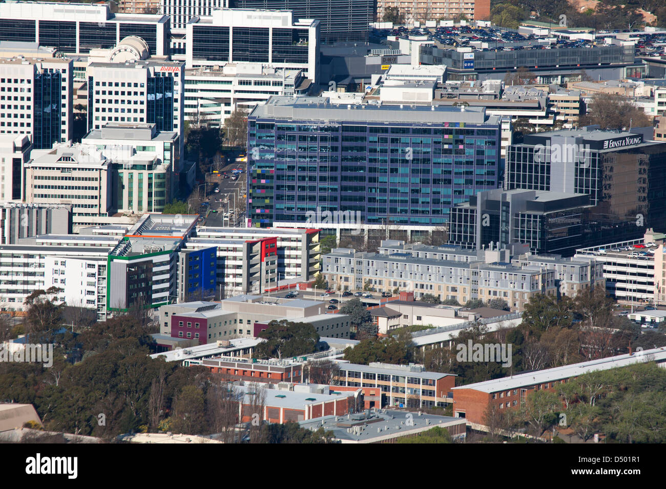Elevated aerial view of the Canberra CBD Civic Canberra Australia as viewed from Black Mountain
