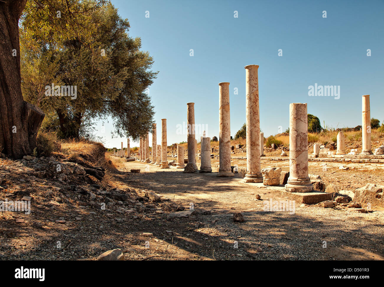 On of the colonnaded streets from ancient times amongst the ruins of ancient Side, Turkey. Stock Photo