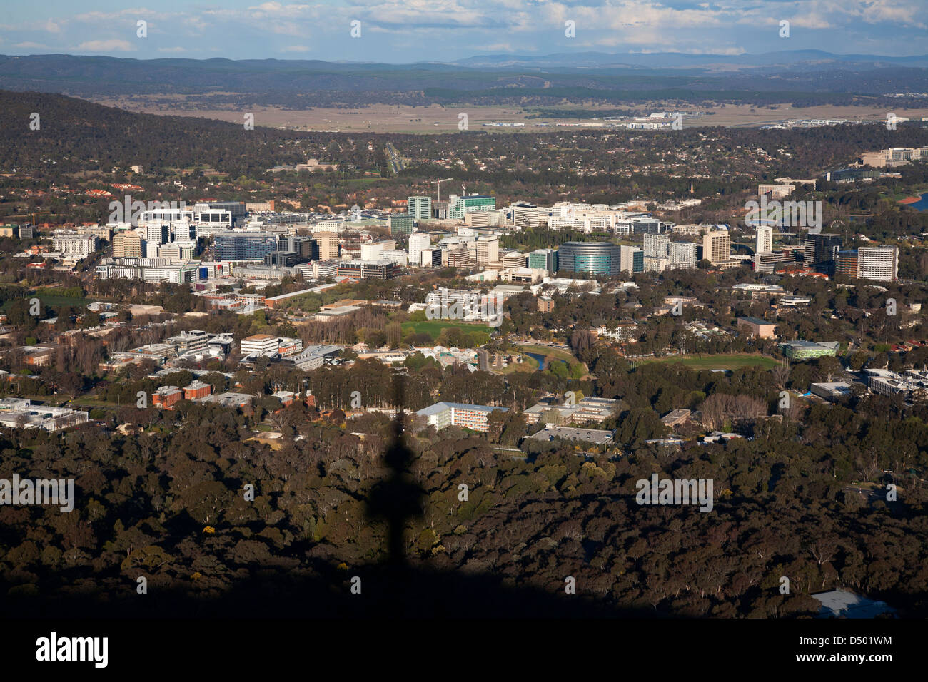 Elevated aerial view of the Canberra CBD Civic Canberra Australia as viewed from Black Mountain communication tower. Stock Photo