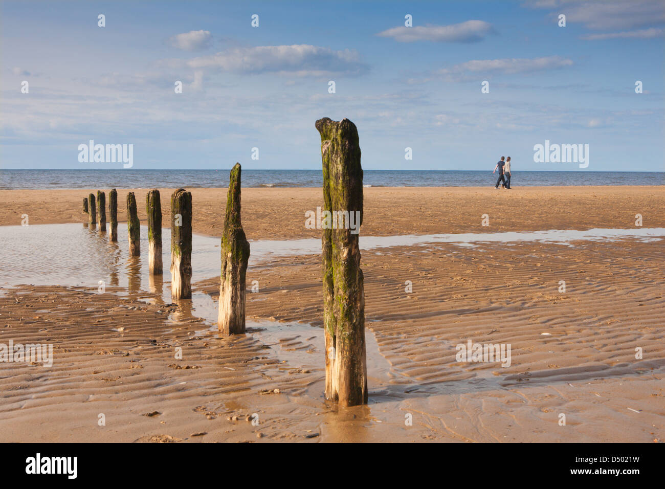 ENGLAND; NORFOLK; WALKING; COUPLE; WINTER SUN; GROYNES; BRANCASTER Stock Photo