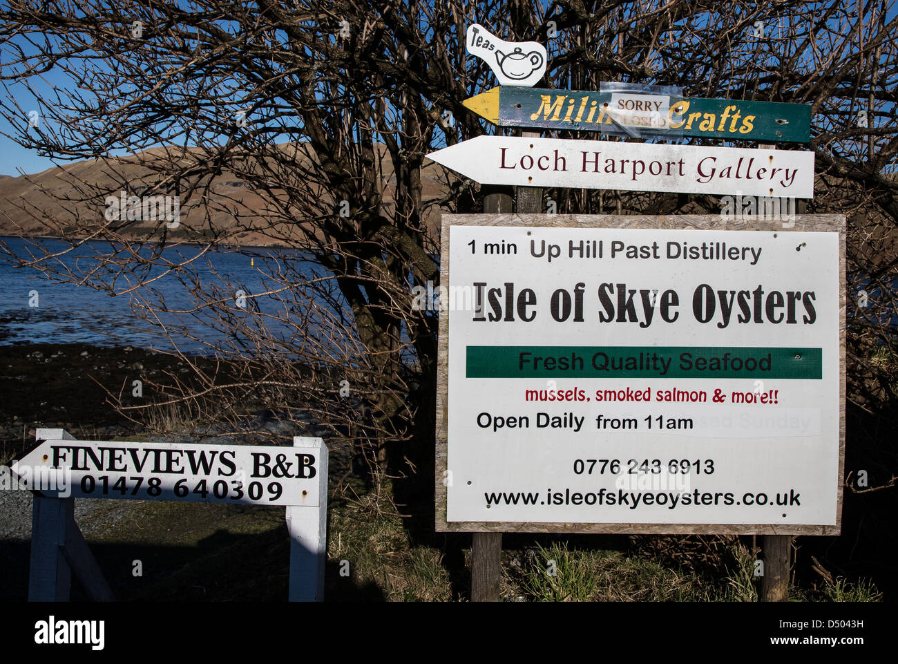 Isle of Skye Oysters sign at Carbost on the Isle of Skye. Stock Photo