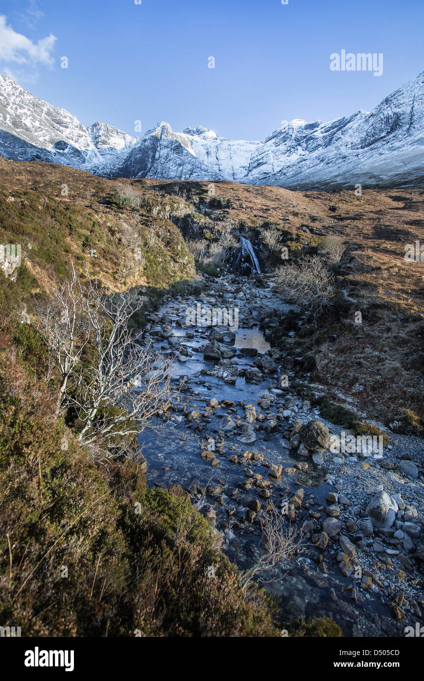 Mountain Stream & Cuillin Ridge in Glen Brittle on the Isle of Skye in Scotland. Stock Photo