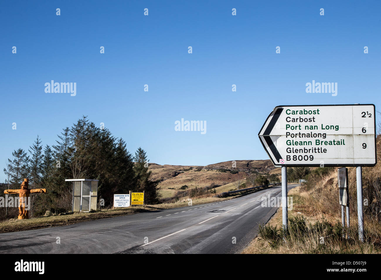 Road sign to Carbost on the Isle of Skye in Scotland. Stock Photo