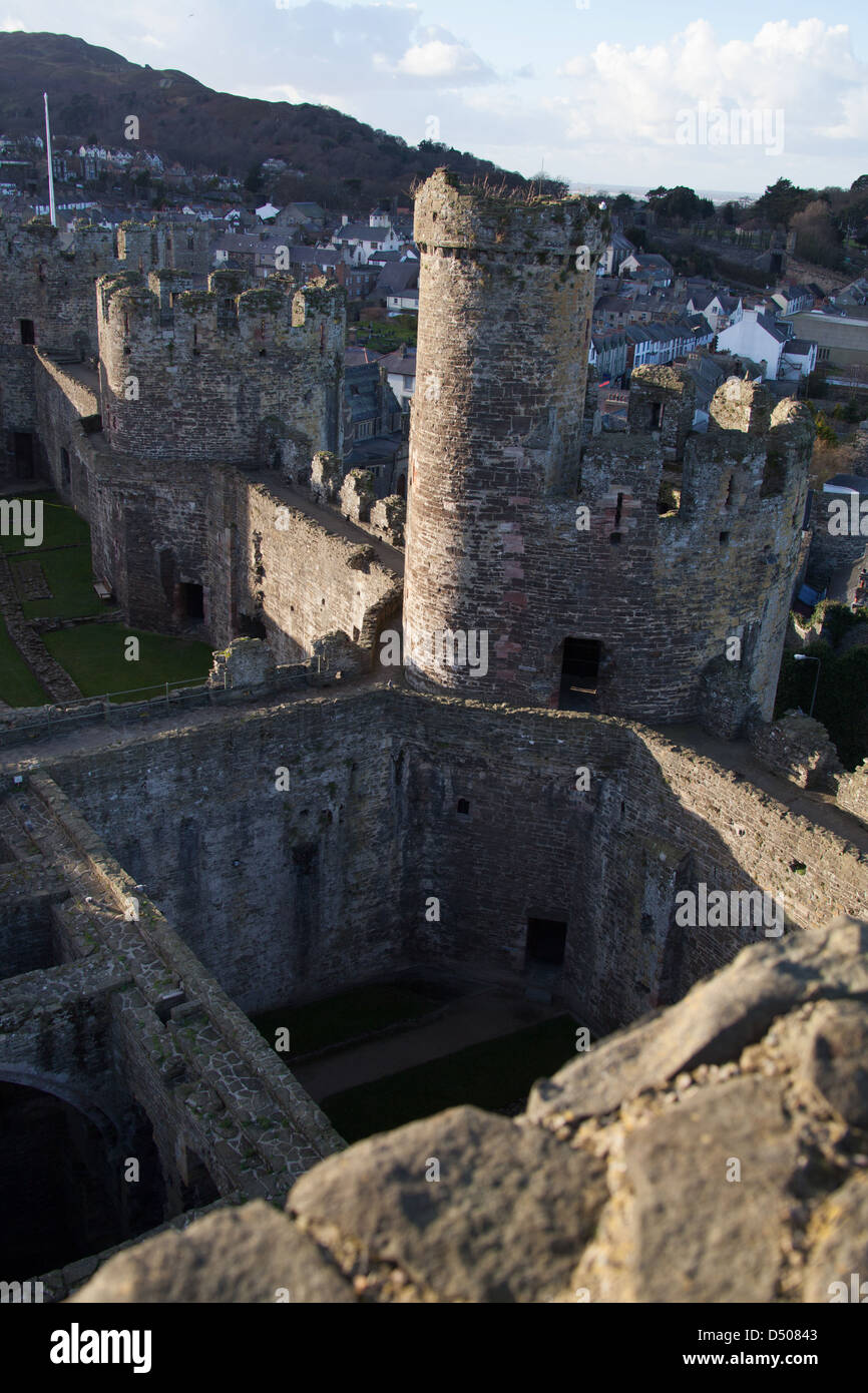 Town of Conwy, Wales. Elevated view of Conwy Castle. Stock Photo