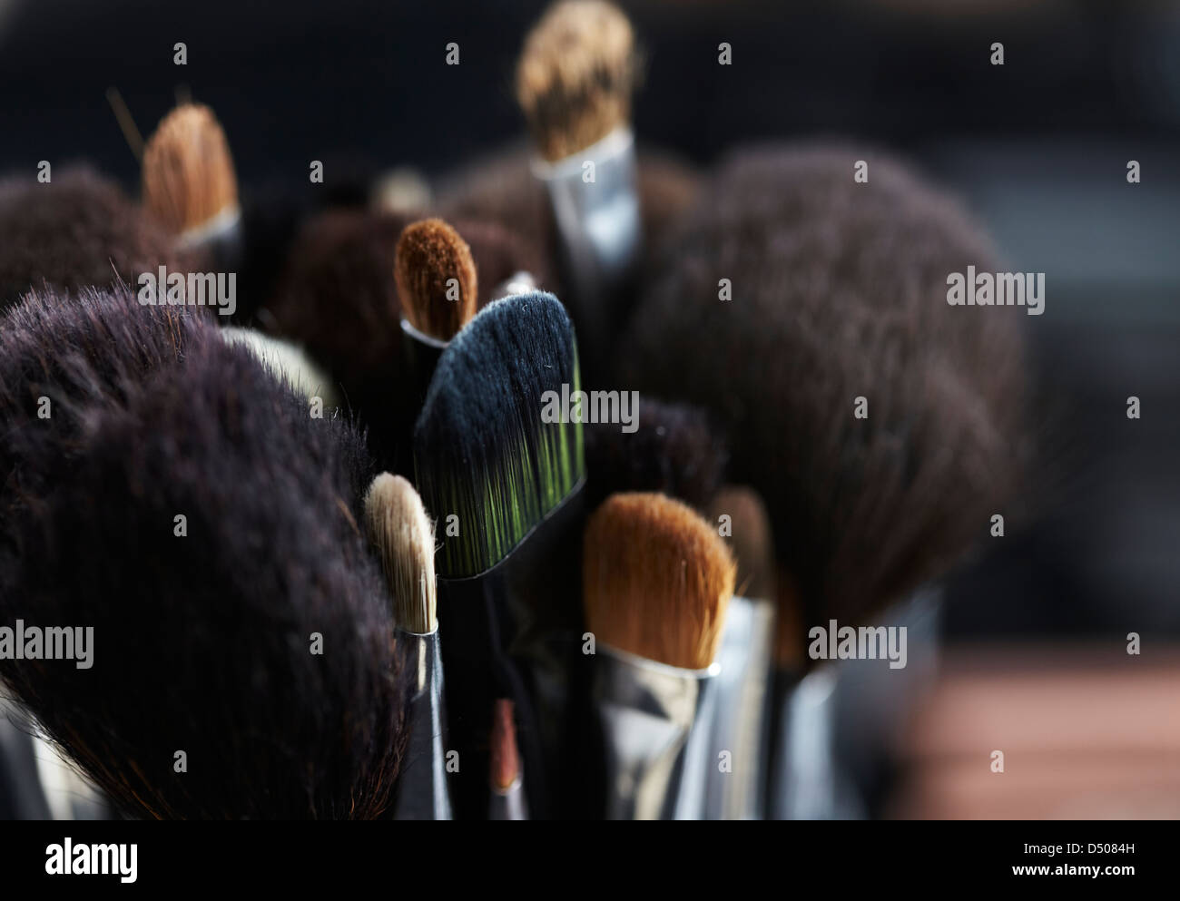Macro shot of professional makeup brushes ready for use Stock Photo