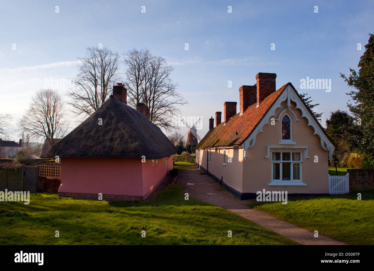 Thaxted, Essex, England. 21 March 2013 Seen here: The Almshouses and John Webb's Windmill. Stock Photo