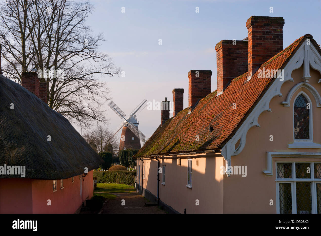 Thaxted, Essex, England. 21 March 2013 Seen here: The Almshouses and John Webb's Windmill. Stock Photo