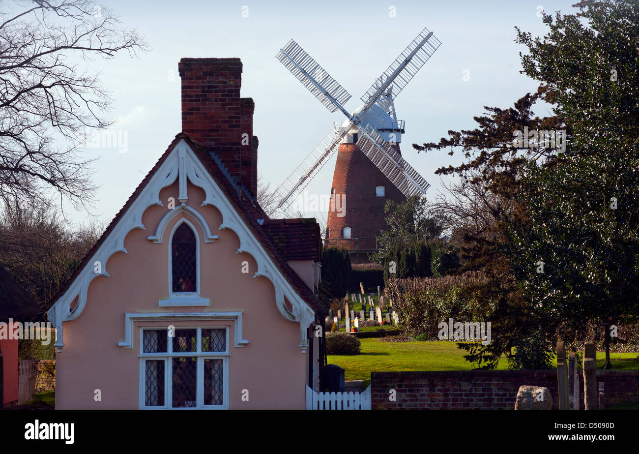 Thaxted, Essex, England. 21 March 2013 Seen here: The Almshouses and John Webb's Windmill. Stock Photo