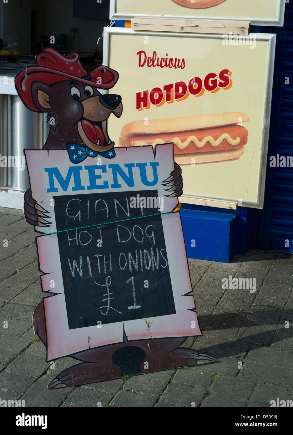 Bridlington Fast food sign, Bridlington North Yorkshire, England September 2011. Hot Dogs fast food at the seaside. Stock Photo