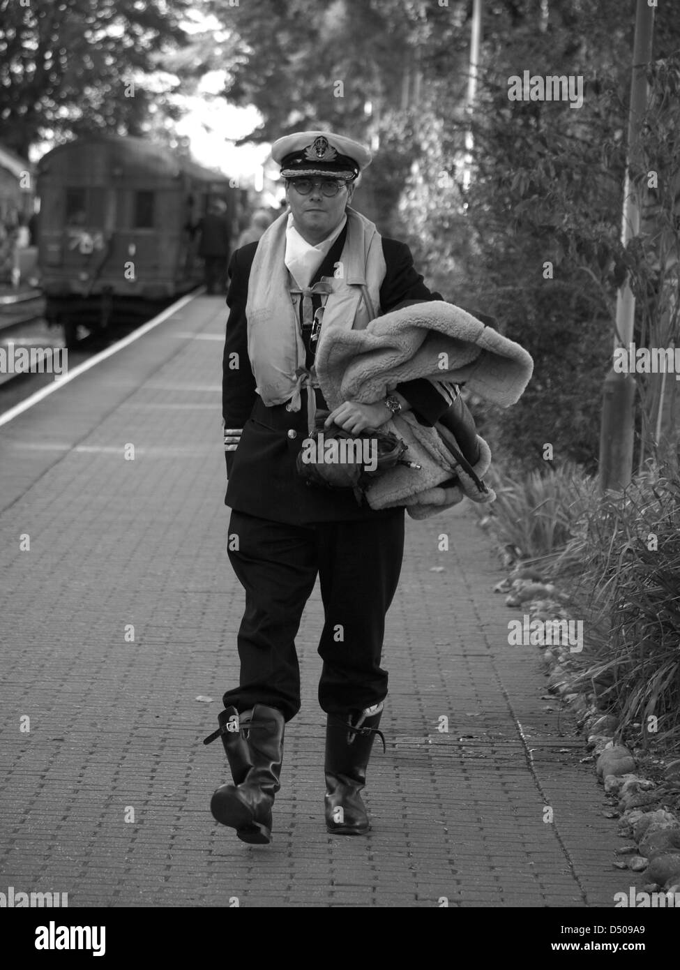 Reenactor portraying a World War II British Naval officer at Holt,North Norfolk railway during the 1940's weekend Stock Photo