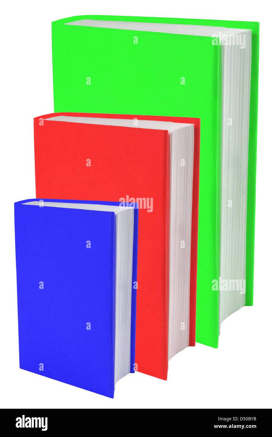 Three books with blank covers in red, green and blue. Isolated on a white background. Stock Photo