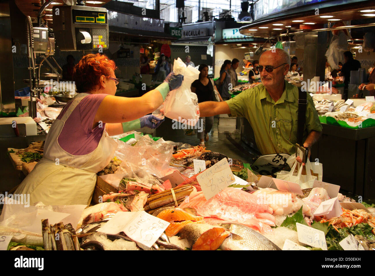 Market hall Mercat Sant Josep La Boqueria, fish stall, Barcelona, Spain Stock Photo