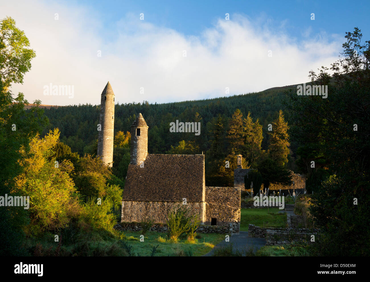 St Kevin's church and round tower, Glendalough monastic site, Co Wicklow, Ireland. Stock Photo