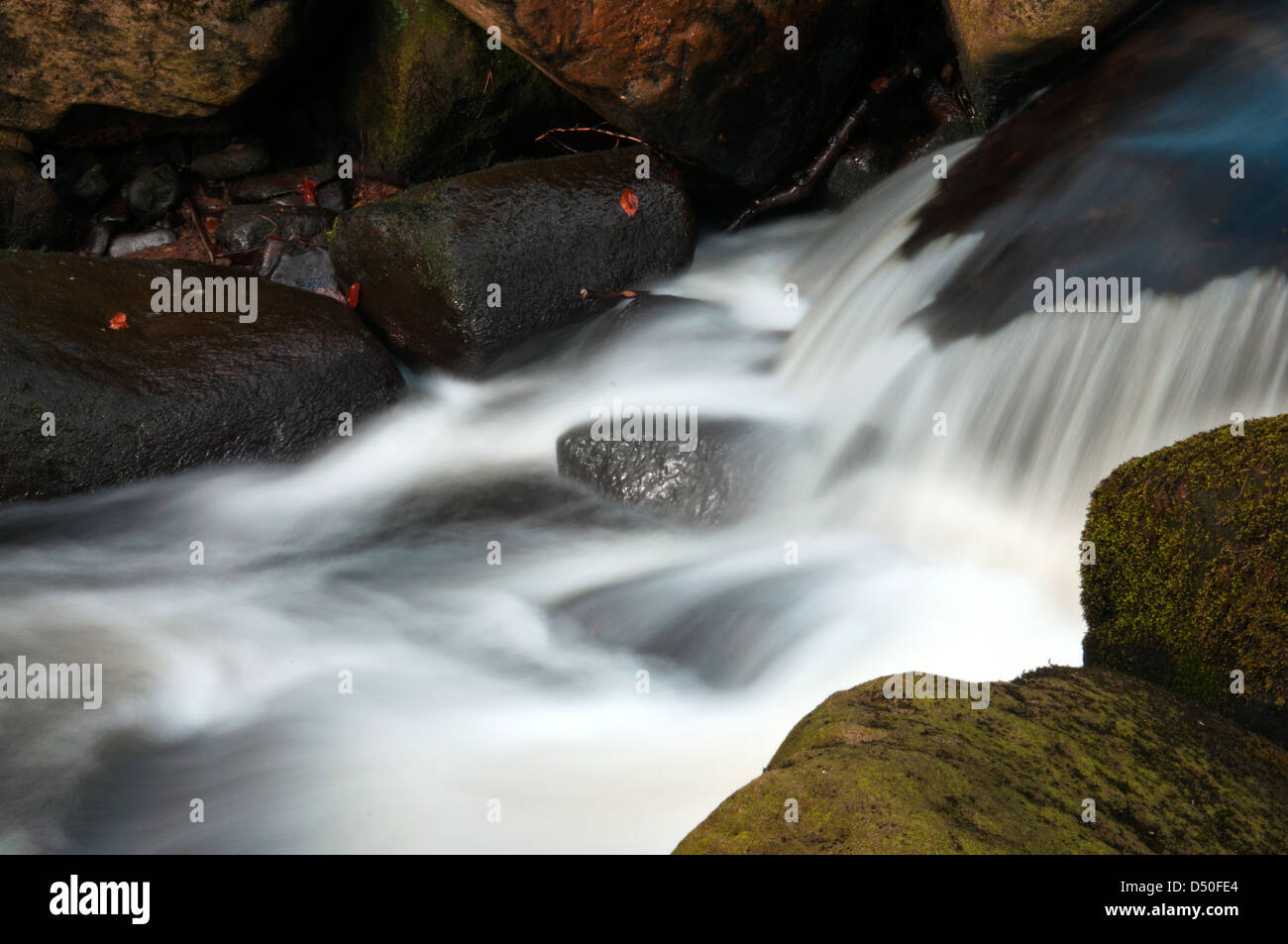 Water flowing down a river in the Peak District National Park Stock Photo