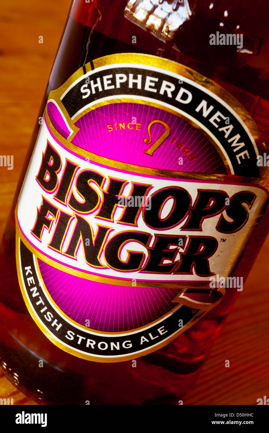 Close up view of Bishops Finger brand beer label on a bottle of real ale made by Kentish brewer Shepherd Neame for the UK market Stock Photo
