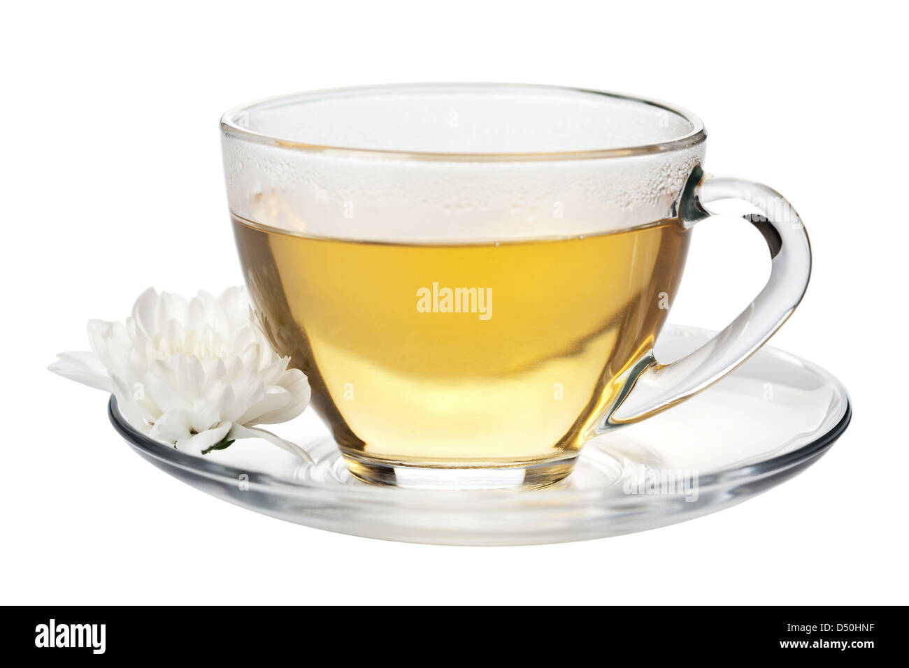 cup of green tea and white flower isolated Stock Photo