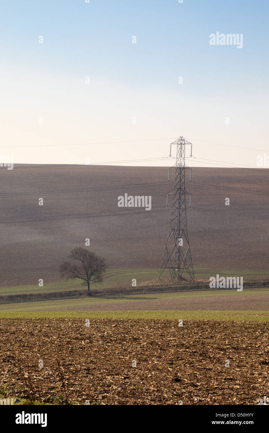A view towards a pylon and tree from Plantation Hill looking South East towards Gaston Wood, Hampshire Stock Photo