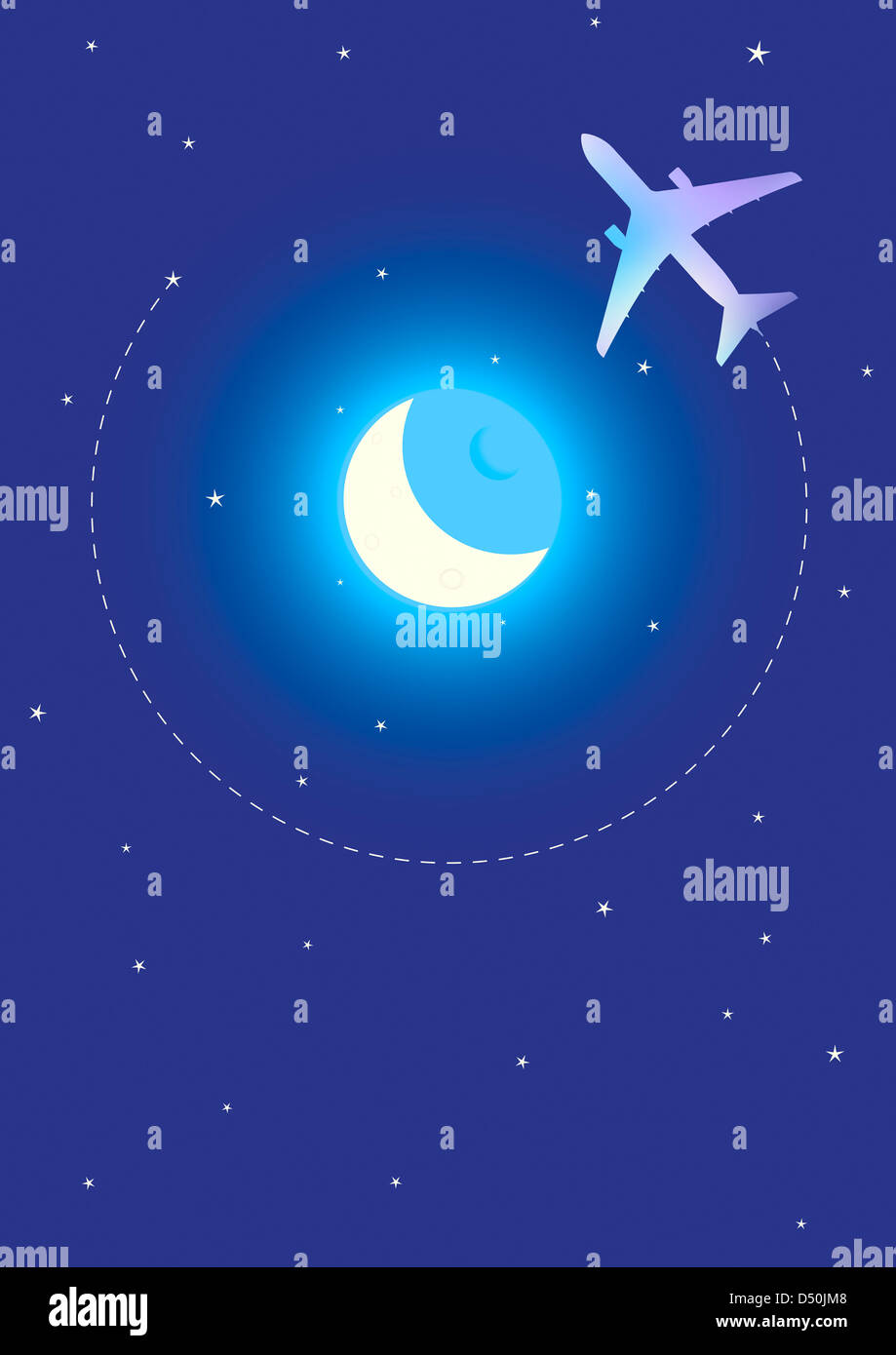 Vector Illustration of Airplane on Flight Path Around The Moon Stock ...
