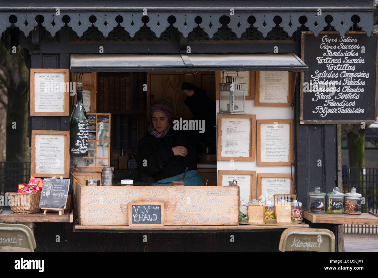 Cafe selling warm wine and food in the Jardin du Luxembourg in Paris, France Stock Photo