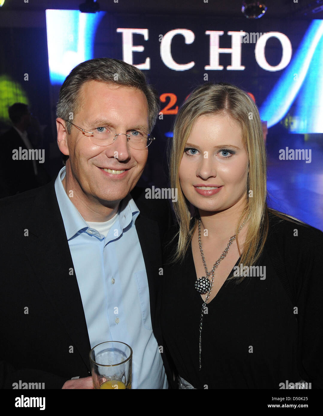 A file picture taken on 21 February 2009 shows Christian Wulff, now German President and at the time Prime Minister of Lower SAxony, together with his daughter Annalena during the ECHO music event in Berlin, Germany. Wulff's 17-year-old daughter accompanies Mr Wulff on his four-day visit to Israel in stead of his wife Bettina. The choice of travel companion is supposed to symbolize Stock Photo