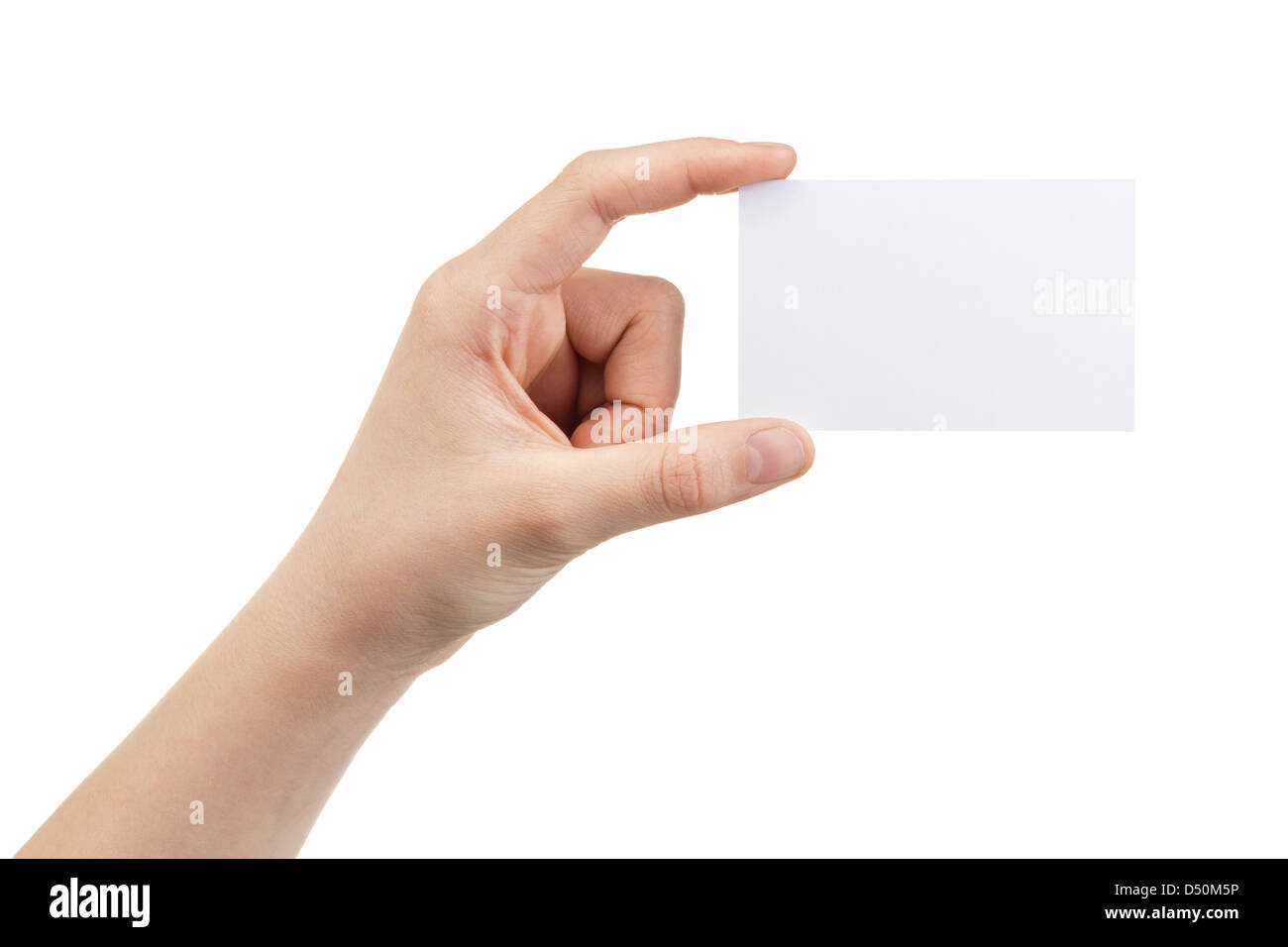 female teen hand holding blank card, isolated on white Stock Photo Alamy