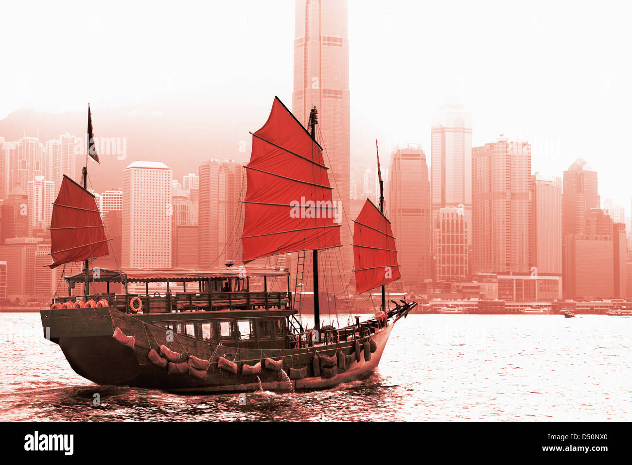 Sailing in Victoria Harbor in Hong Kong. Stock Photo