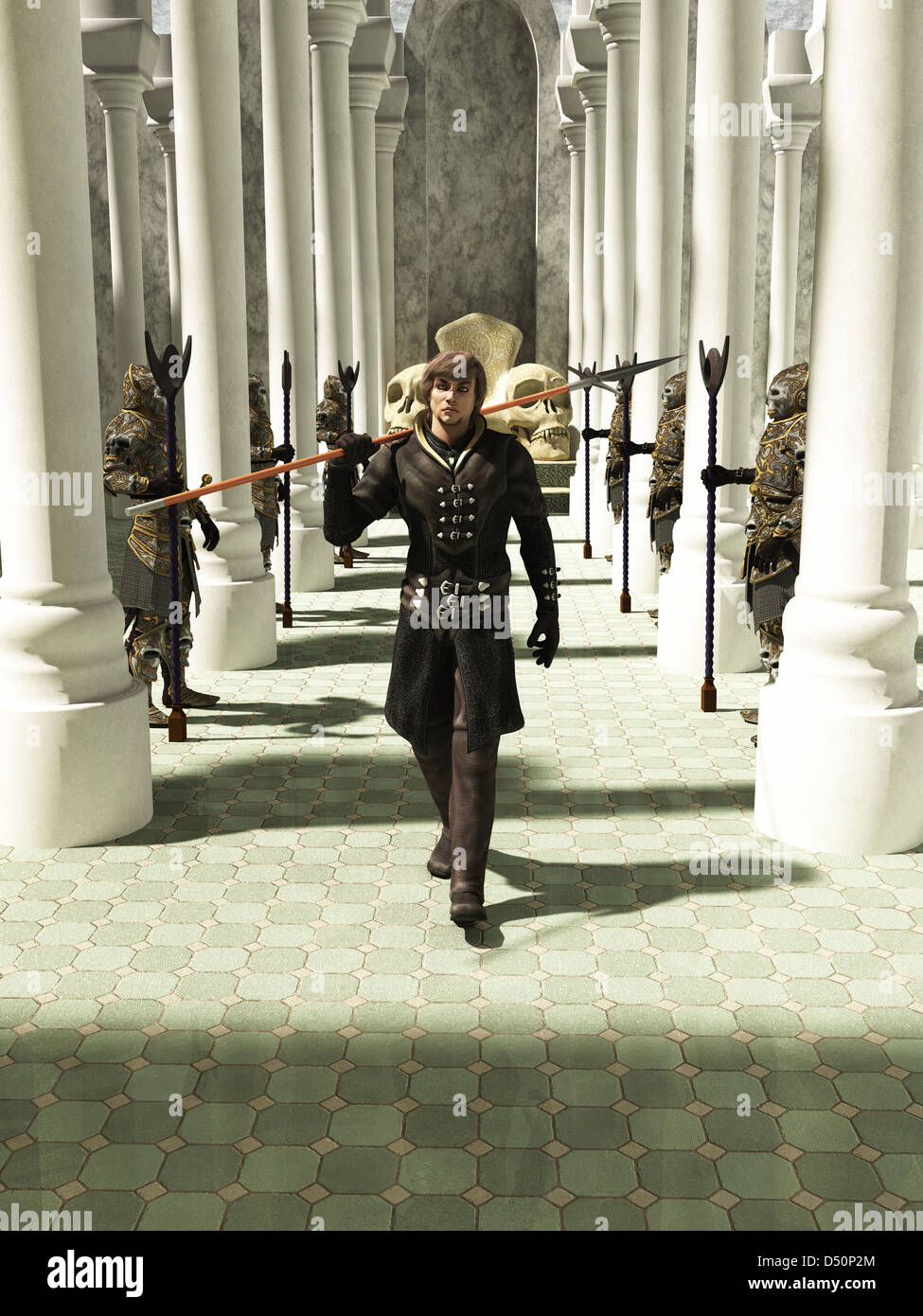Medieval or Fantasy Spearman walking through the Throneroom Stock Photo -  Alamy