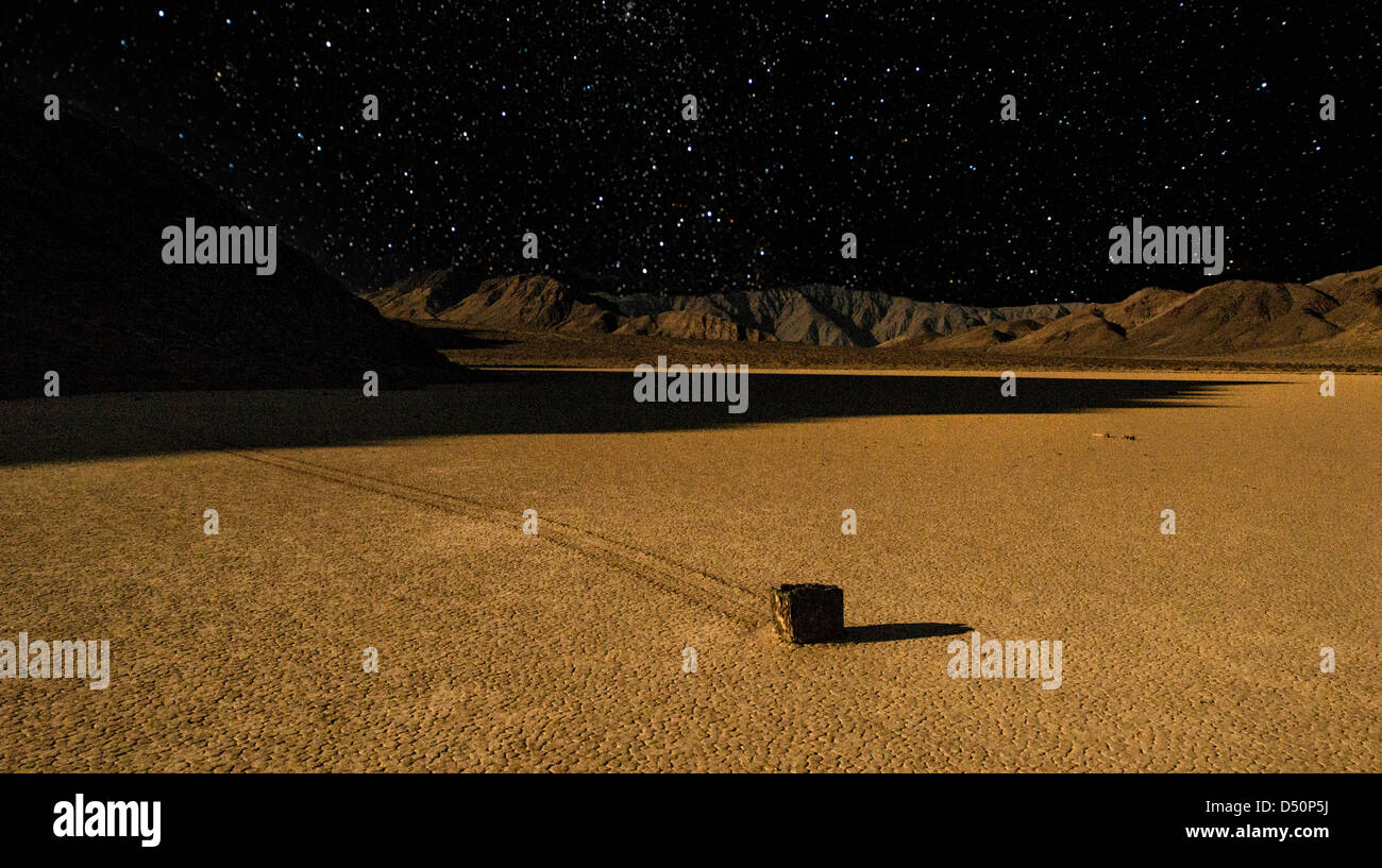 Mysterious Racetrack Playa in Death Valley under a Night Sky Stock Photo