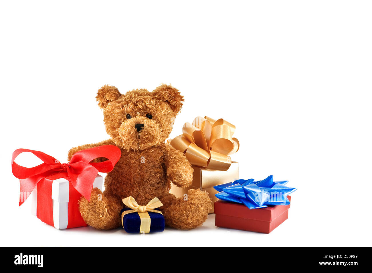 teddy bear with presents isolated Stock Photo