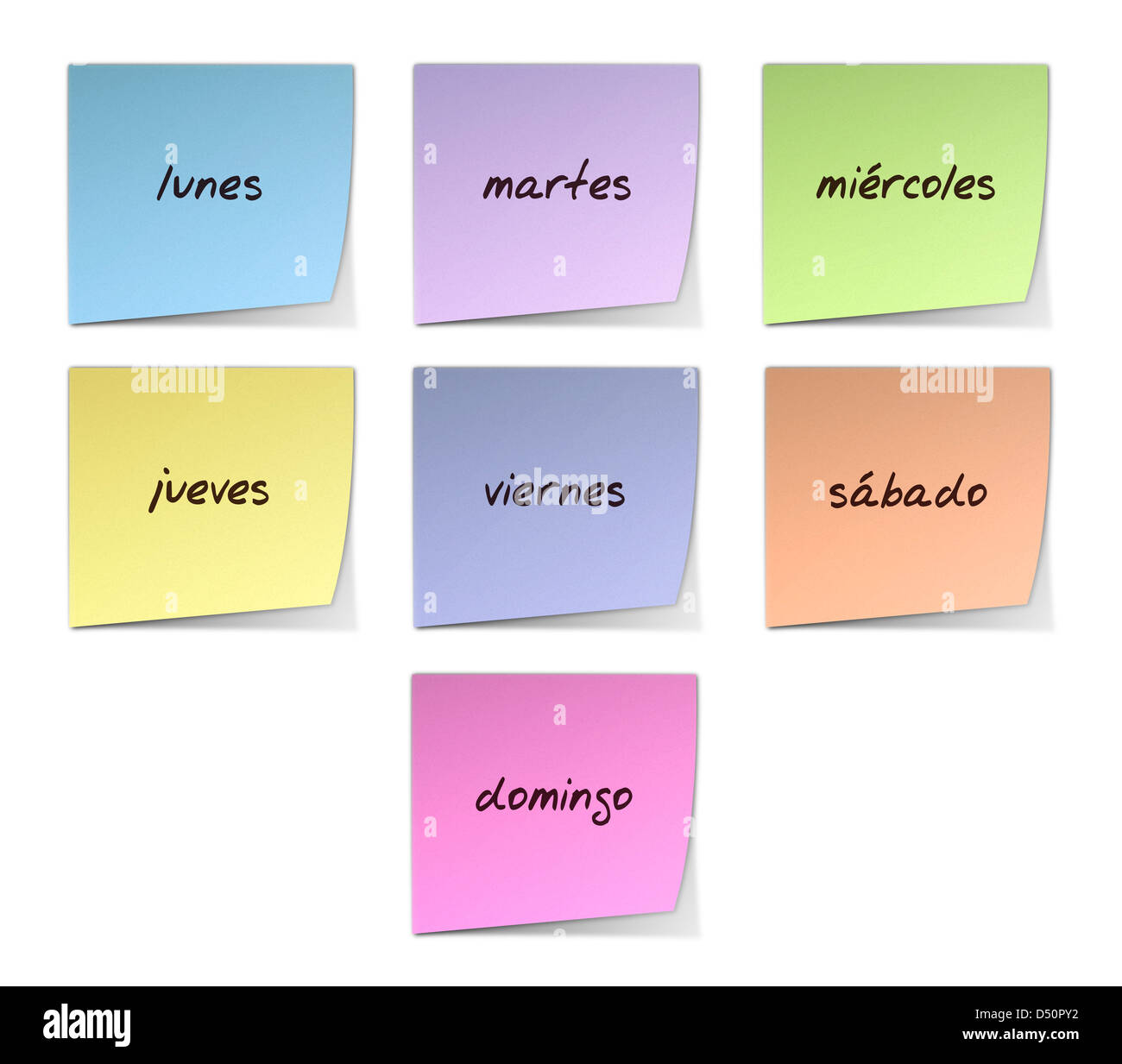 Color paper notes with handwritten weekdays in spanish stock photo alamy