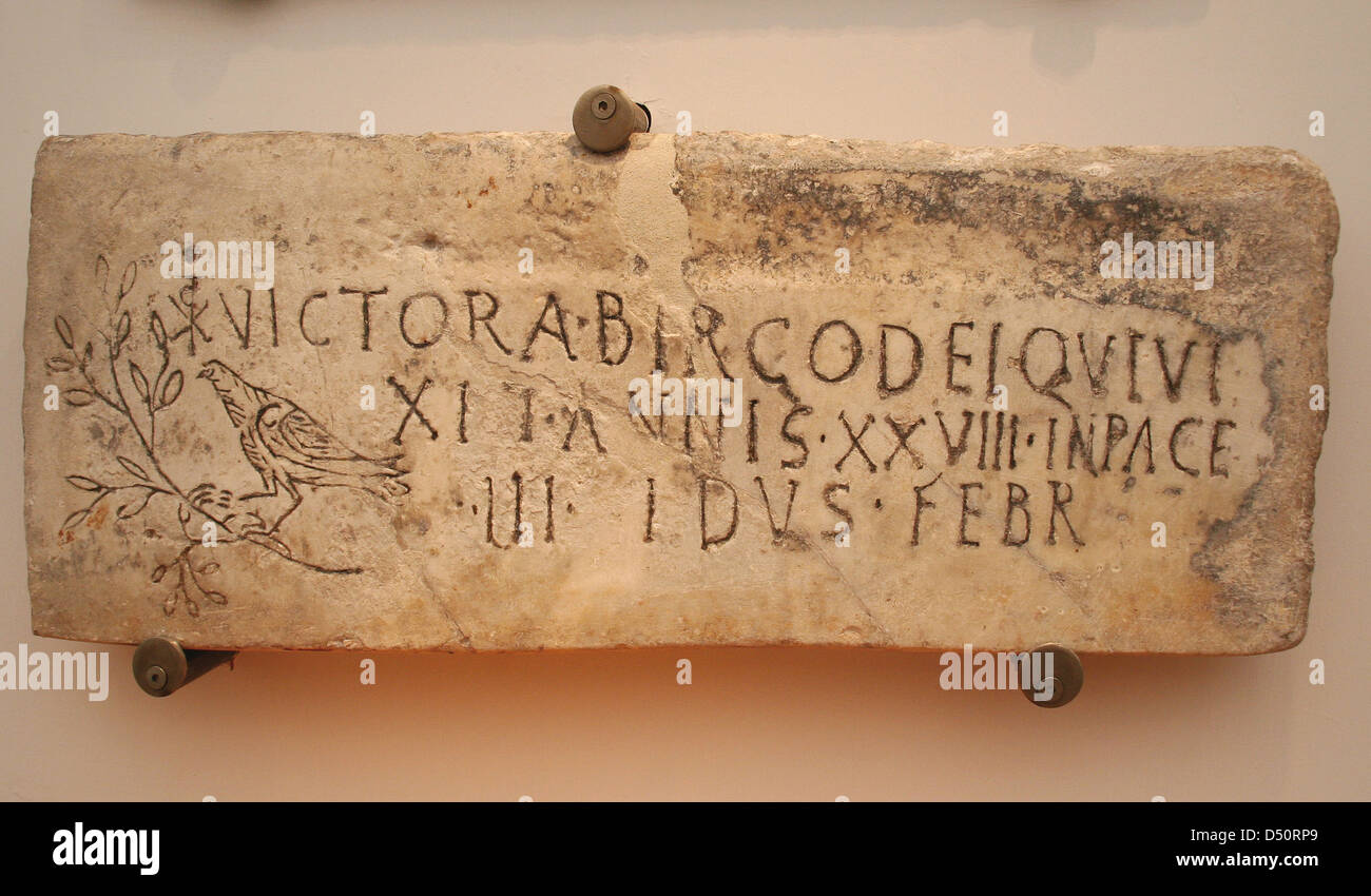 Early Christian Art. Italy. Roman tombstone with Christian iconography. Inscription. 4th century AD. Baths of Diocletian. Stock Photo