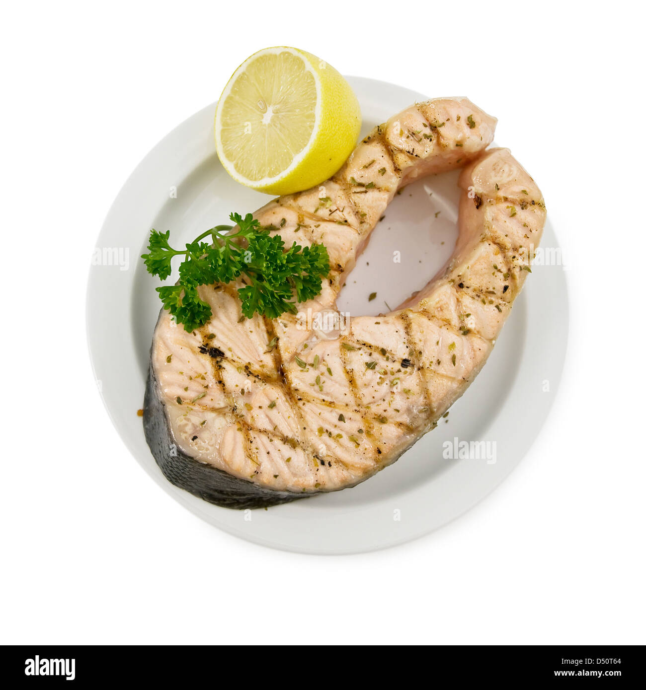 grilled salmon steak on plate Stock Photo