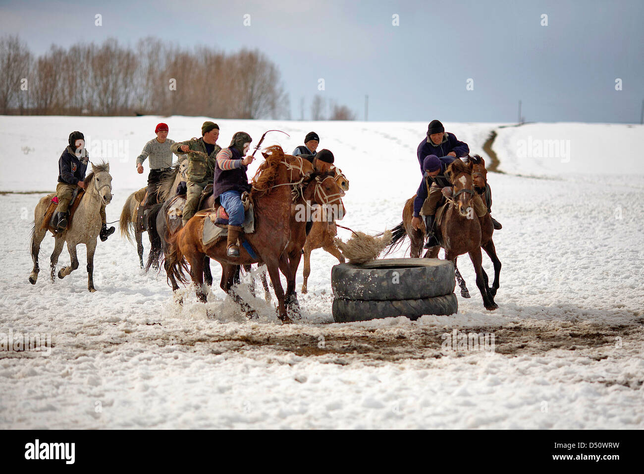 Kyrgyz Republic Travel Images -  Training in Karakol fields for Ulak Tartish, Kuk Pari, Kök Berü, Ulak Tyrtysh, Kok Boru. Stock Photo