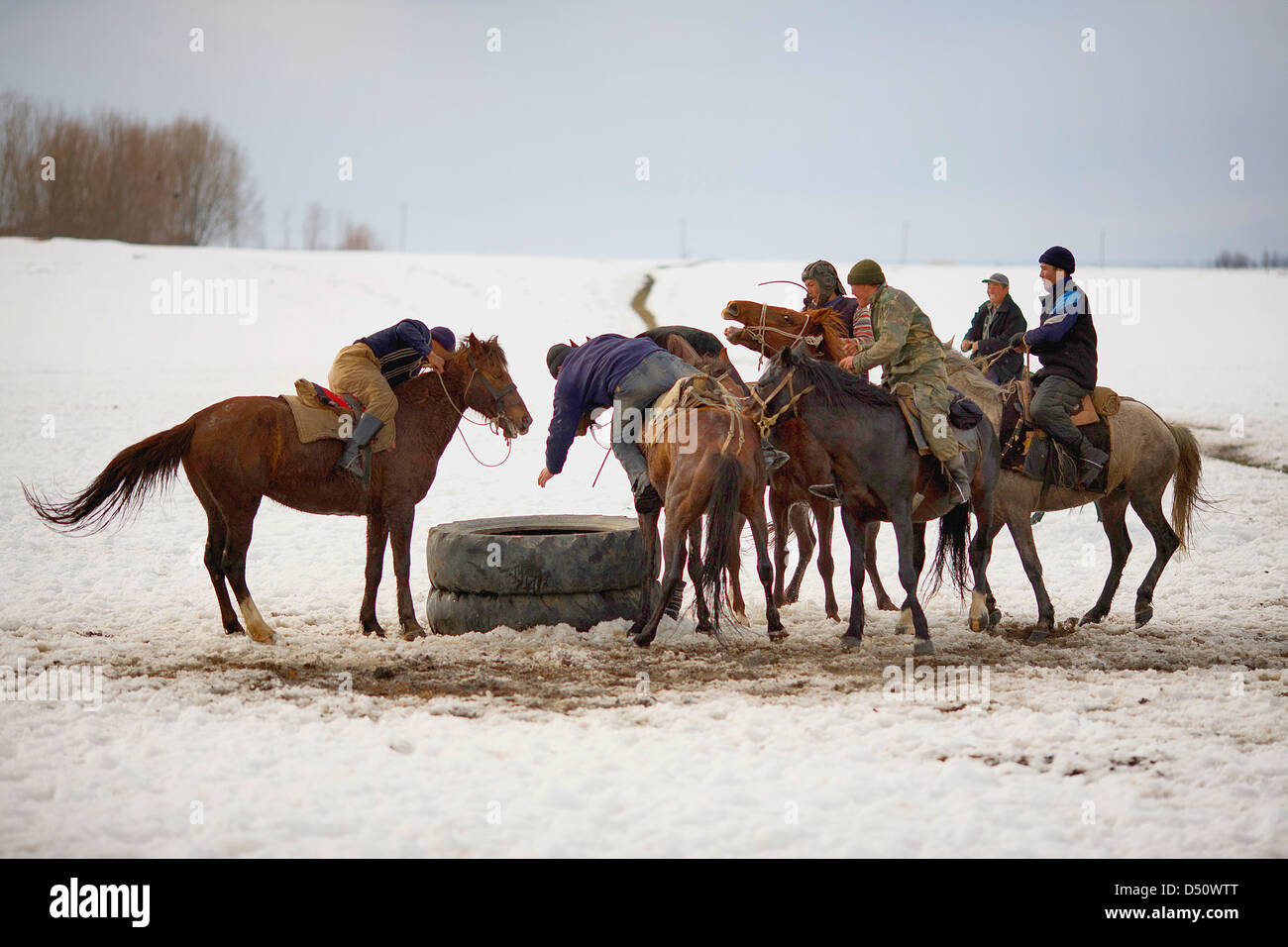 Kyrgyz Republic Travel Images -  Training in Karakol fields for Ulak Tartish, Kuk Pari, Kök Berü, Ulak Tyrtysh, Kok Boru. Stock Photo