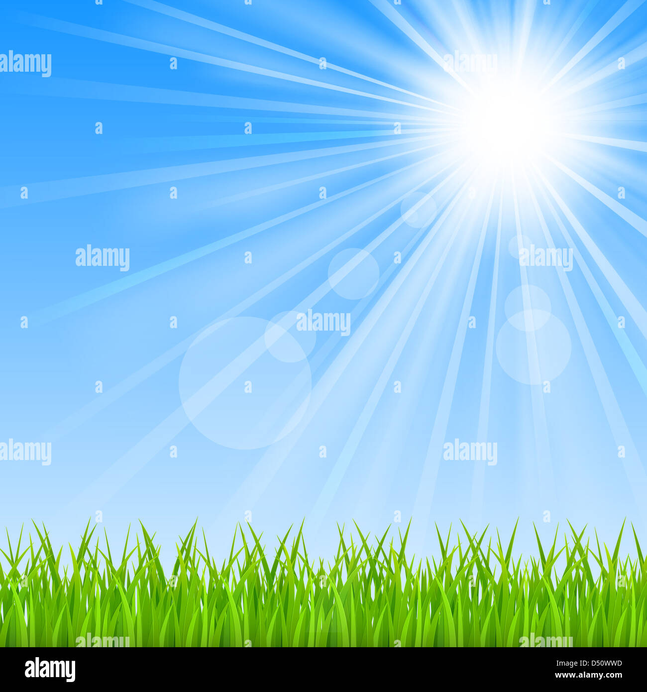 Background with a blue sky, sun and green grass Stock Photo - Alamy